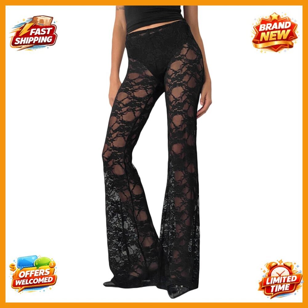 Lace Flare Leggings High Waist See Through Mesh Bell Bottom Pants